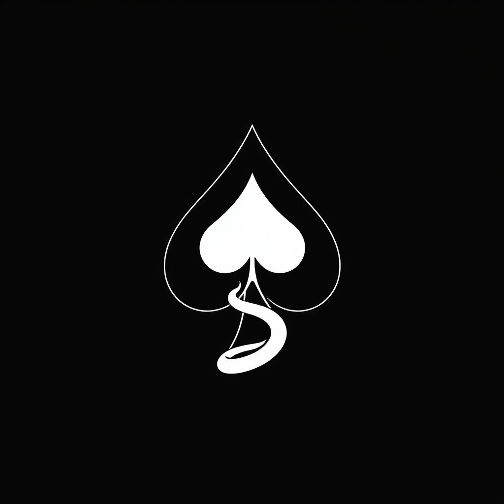 A striking logo featuring a combination of spades and a serpent, designed in a minimalist style with white elements on a solid black background