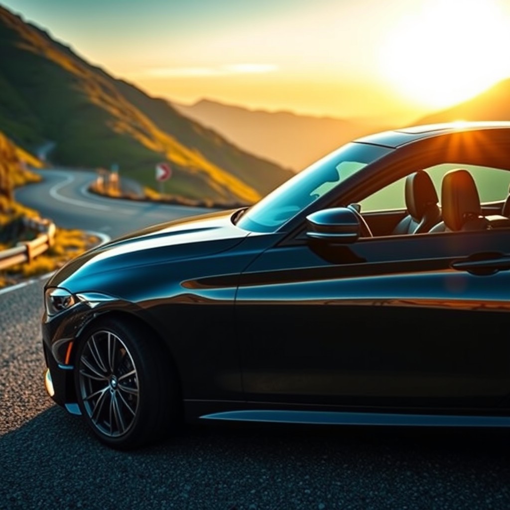 A stunning high-performance BMW car elegantly parked on a scenic winding mountain road during sunset, the warm glow of the sun reflecting off the sleek bodywork