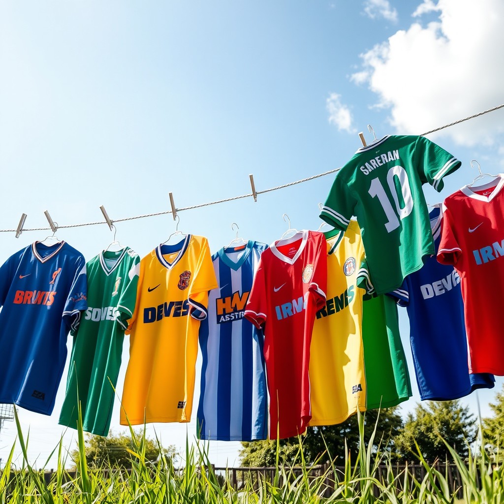 A collection of colorful sports jerseys hanging on a clothesline, showcasing various team colors and logos, each jersey distinctively designed to represent different sports like basketball, soccer, and football