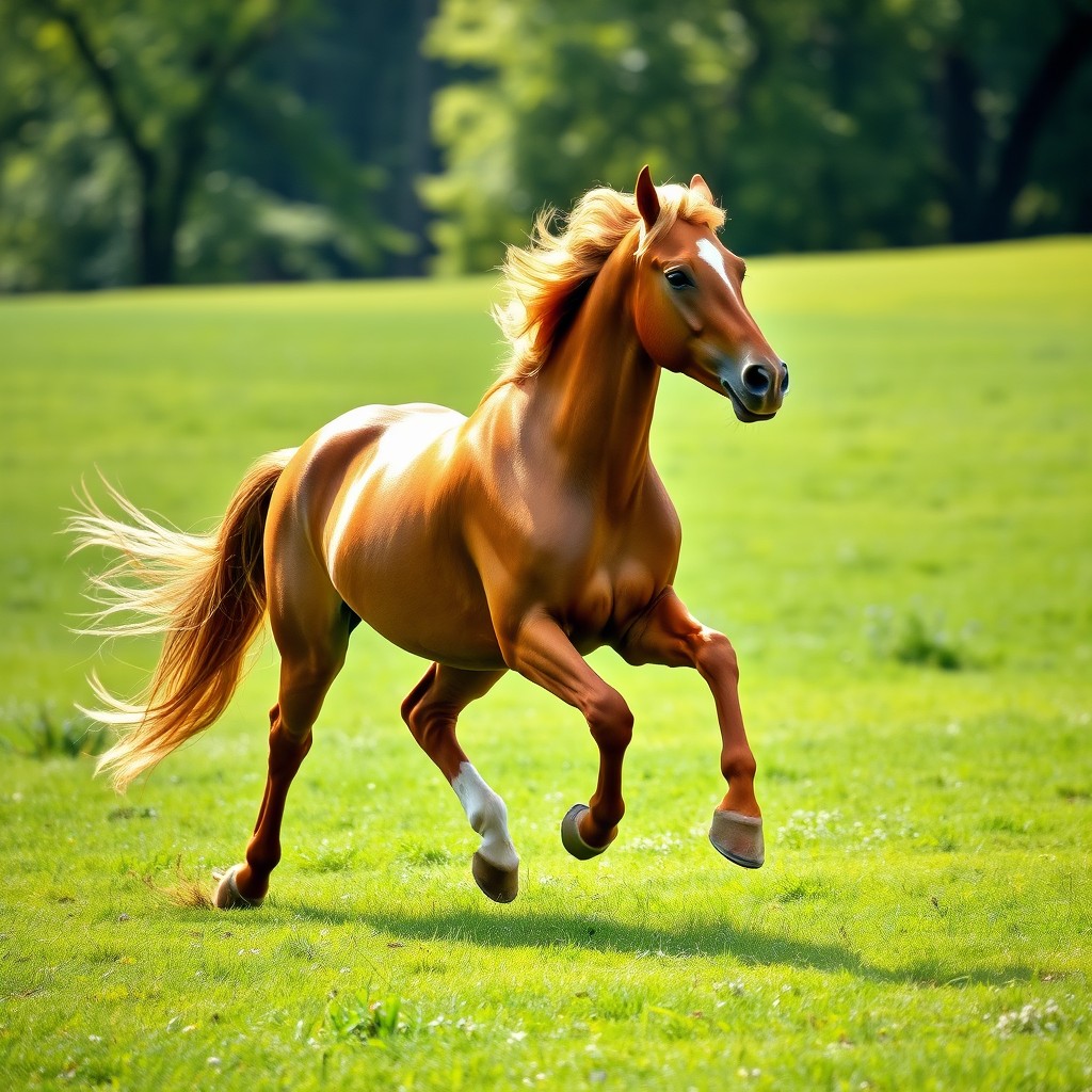 A majestic horse running freely in a lush green meadow, muscles rippling under its shiny coat, mane flowing in the wind, with sunlight filtering through trees in the background