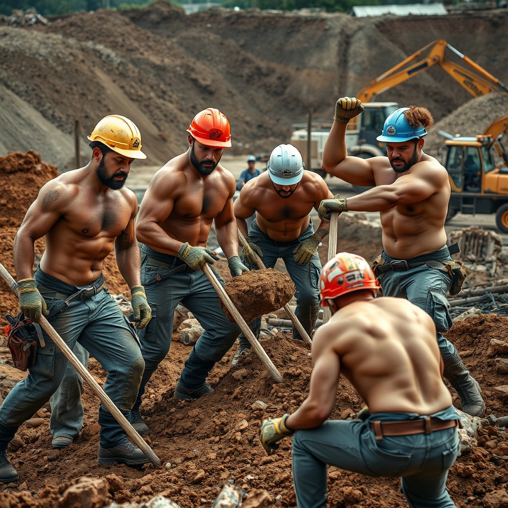 A group of muscular men working on a construction site, digging and lifting heavy materials