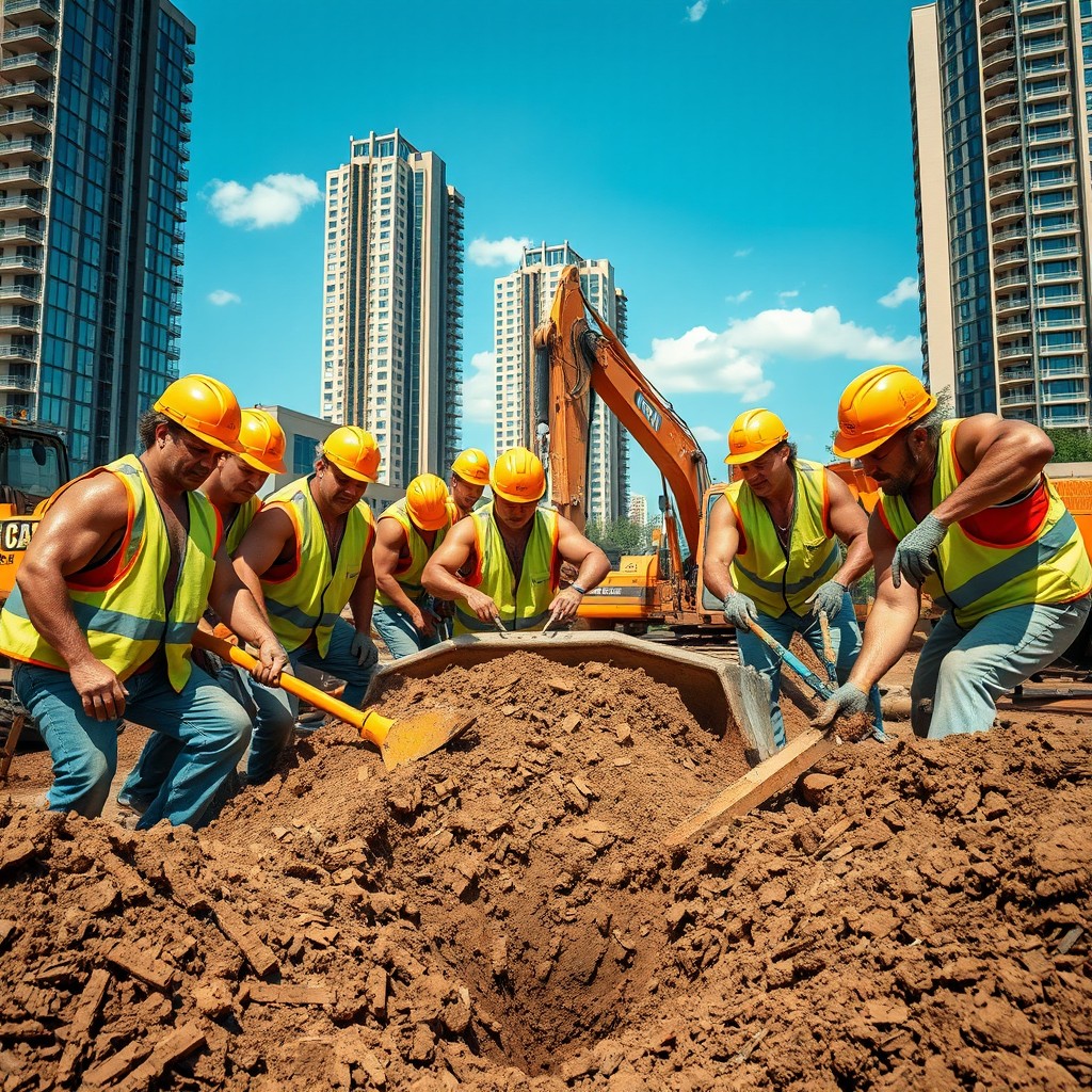 A group of muscular, rugged construction workers, all wearing hard hats and safety vests, intensely focused on a large excavation site