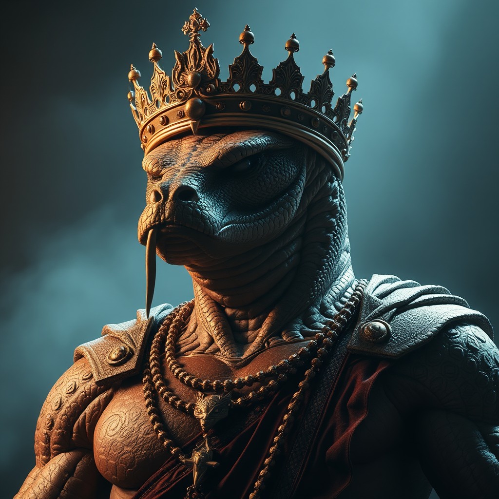 A hyperrealistic giant humanoid with a snake head, adorned with an intricate crown and regal clothing typical of royalty