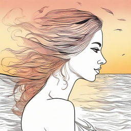 Craft a detailed drawing of a side-profile woman on a beach during sunset, her hair styled as flames being gently stirred by the wind.