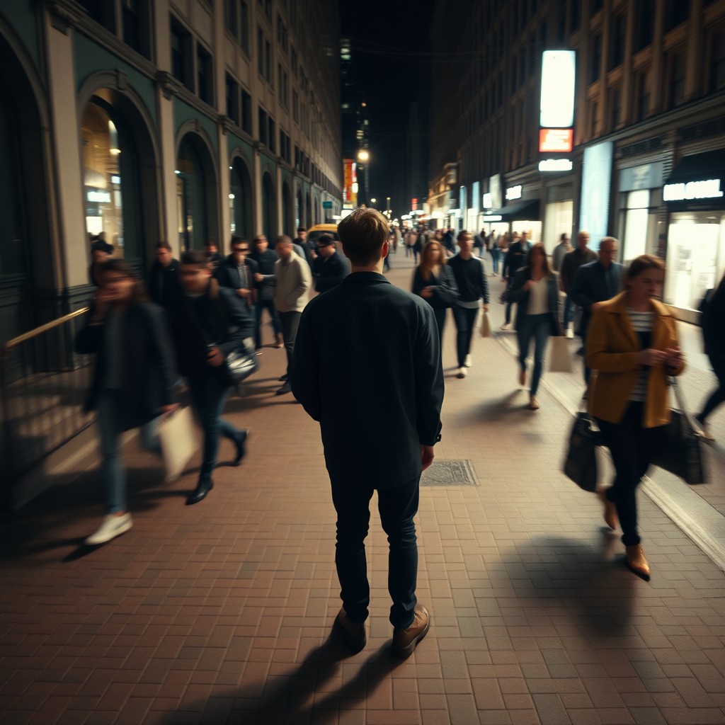 Cinematic overhead shot of a person standing still on a brick city sidewalk, wearing a dark oversized blazer
