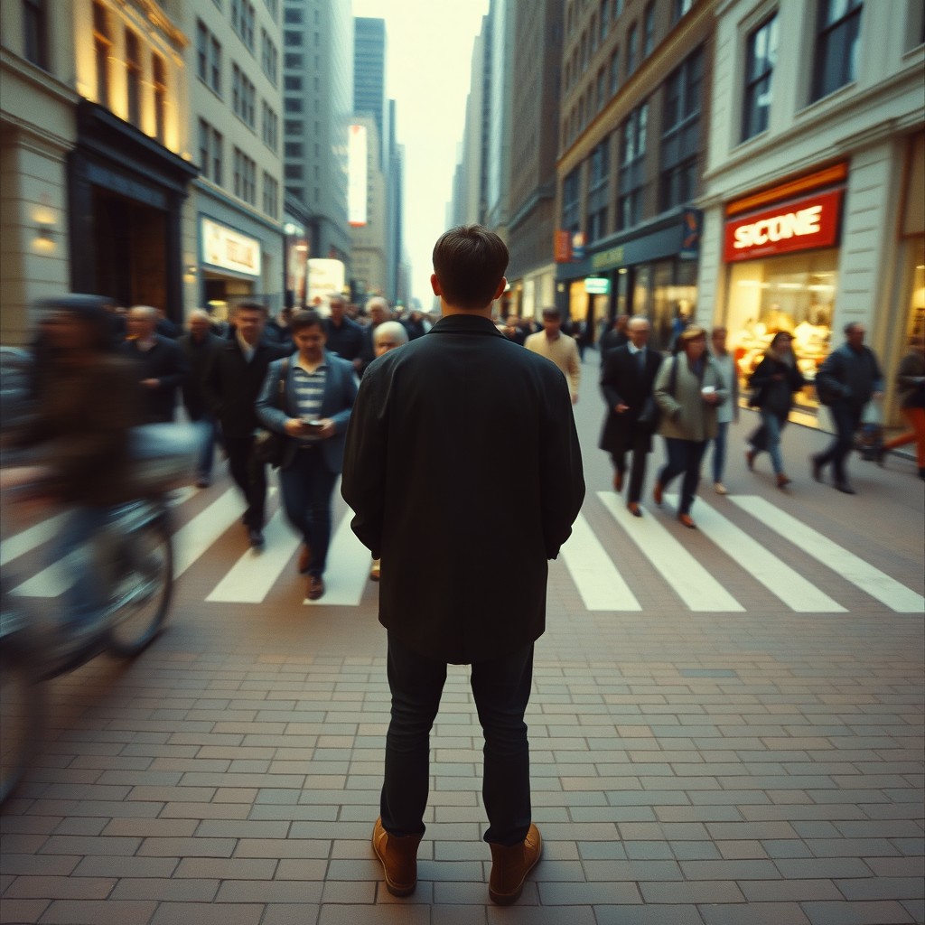 Cinematic overhead shot of a person standing still on a brick city sidewalk, wearing a dark oversized blazer