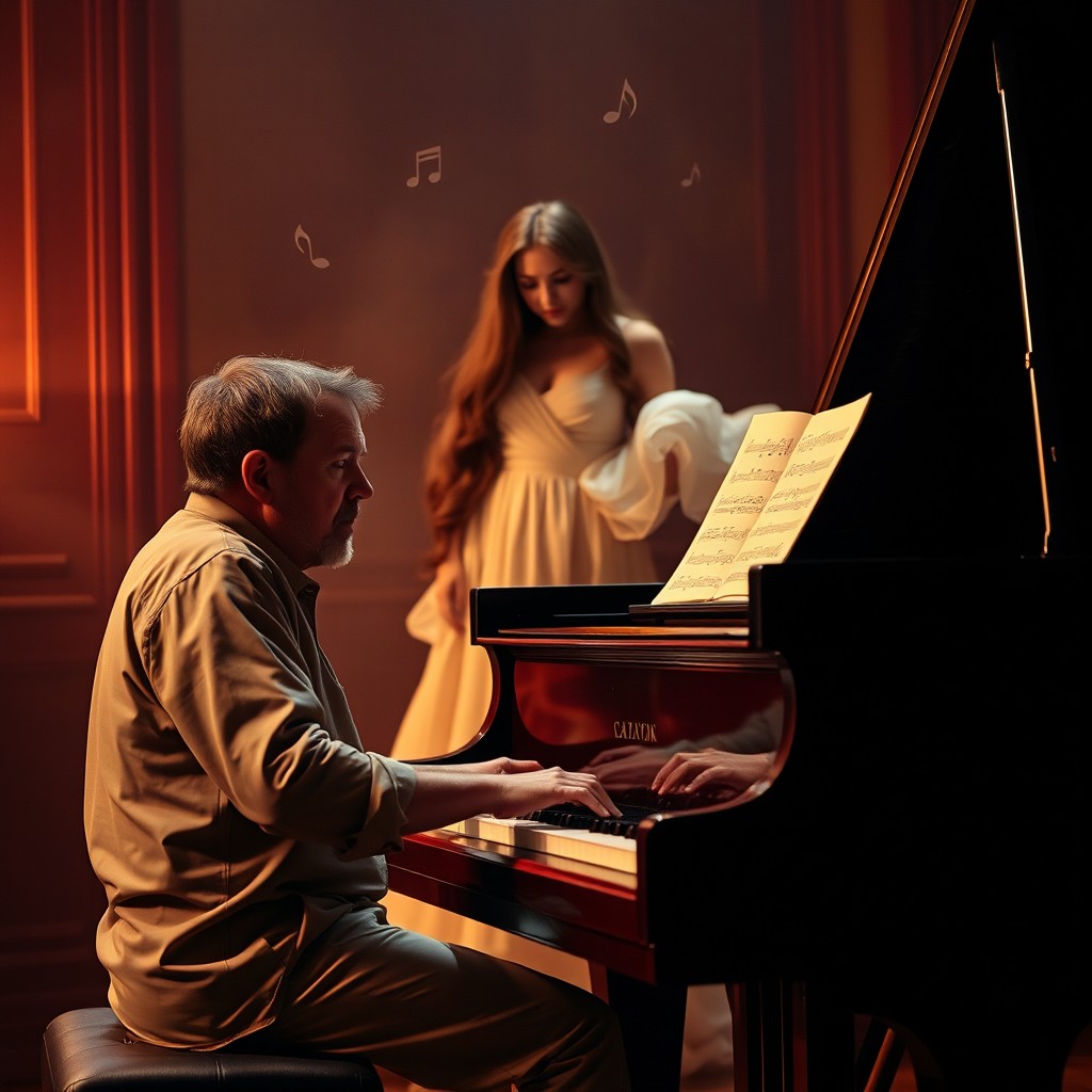 A man playing a grand piano with deep concentration, set in a softly lit room filled with rich, warm colors