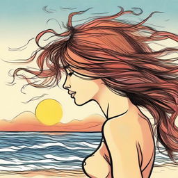 Craft a detailed drawing of a side-profile woman on a beach during sunset, her hair styled as flames being gently stirred by the wind.