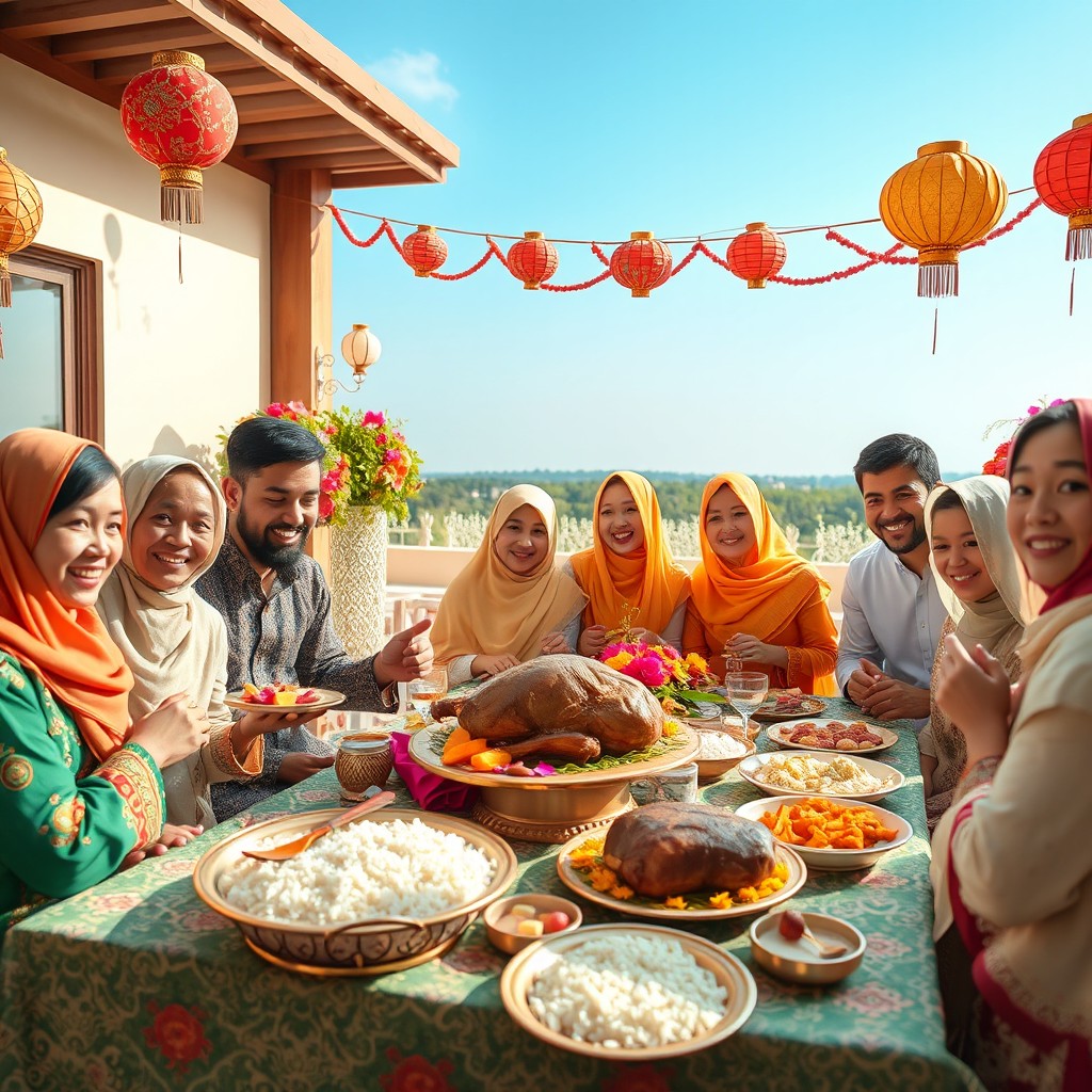 A warm and festive scene depicting a joyful family gathering for Eid al-Adha celebration