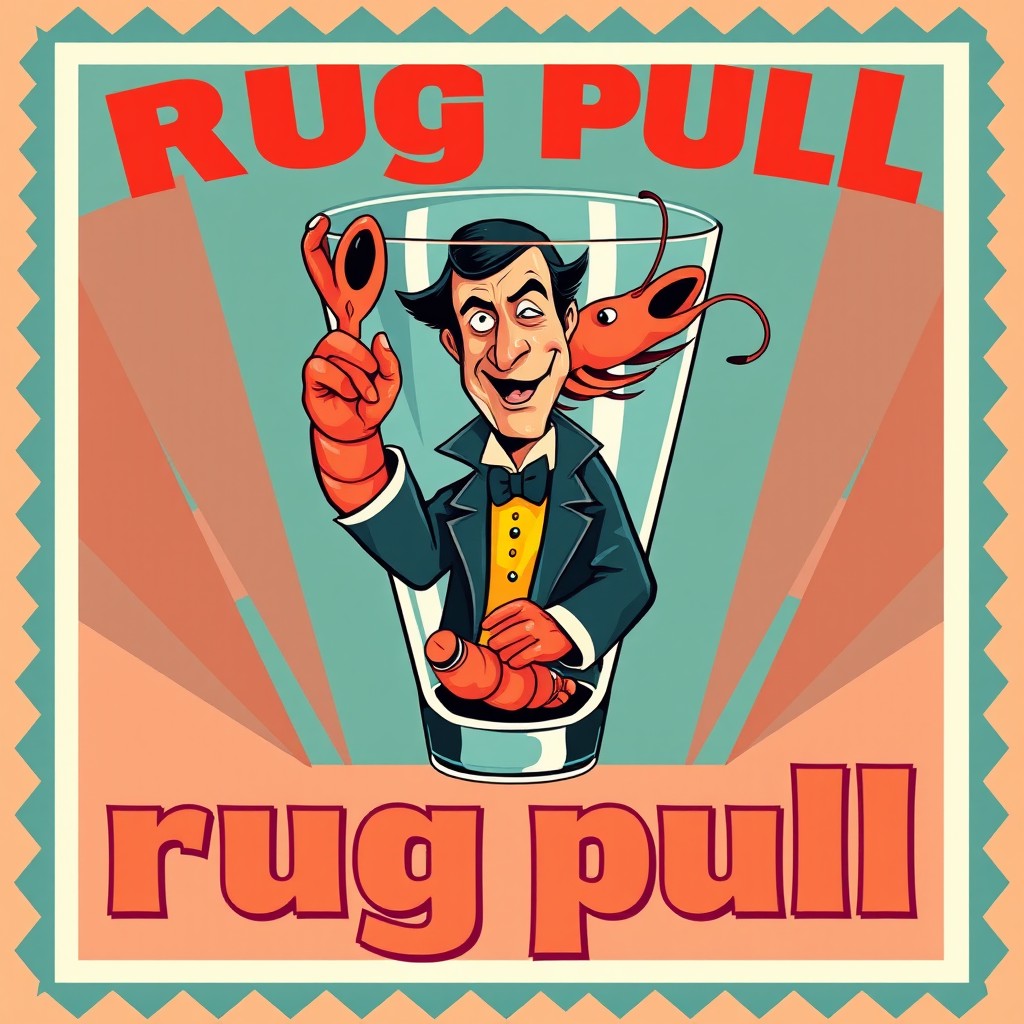 A vibrant and stylized Soviet propaganda poster featuring the phrase 'rug pull' prominently displayed