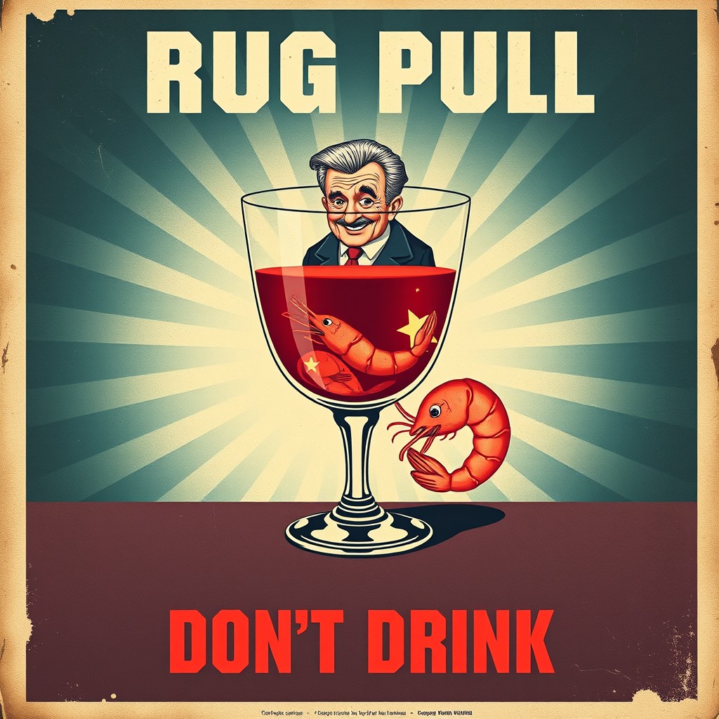 A vintage Soviet-style propaganda poster with the phrase "Rug Pull" instead of "Don't Drink"