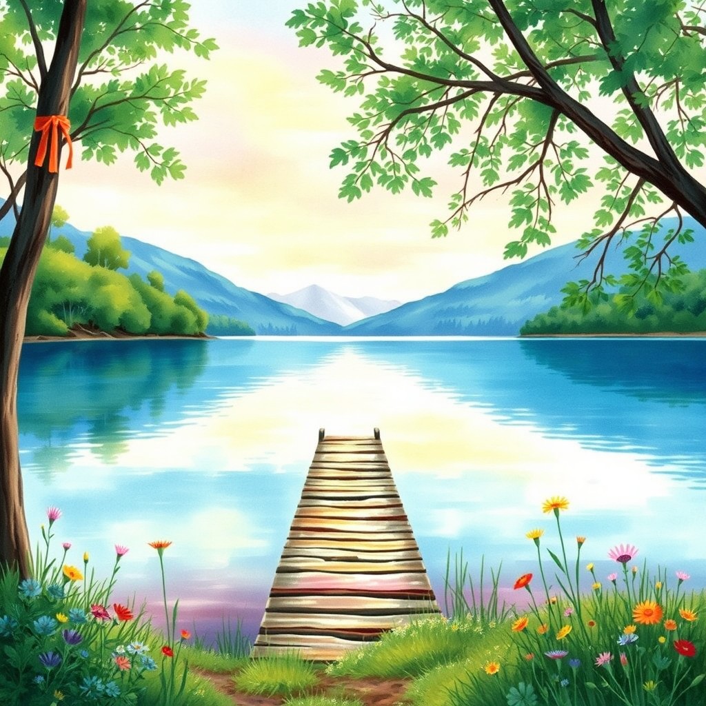 A serene lakeside scene depicted in a beautifully vibrant watercolor painting, showcasing a tranquil lake surrounded by lush green trees and gentle hills in the background