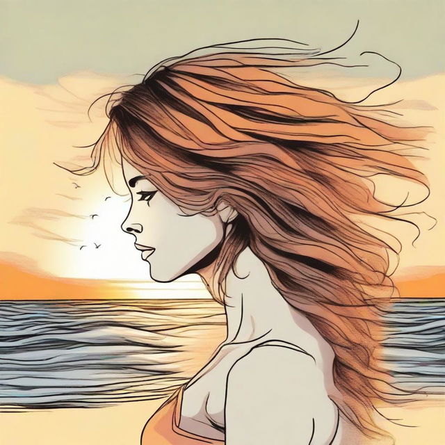 Craft a detailed drawing of a side-profile woman on a beach during sunset, her hair styled as flames being gently stirred by the wind.