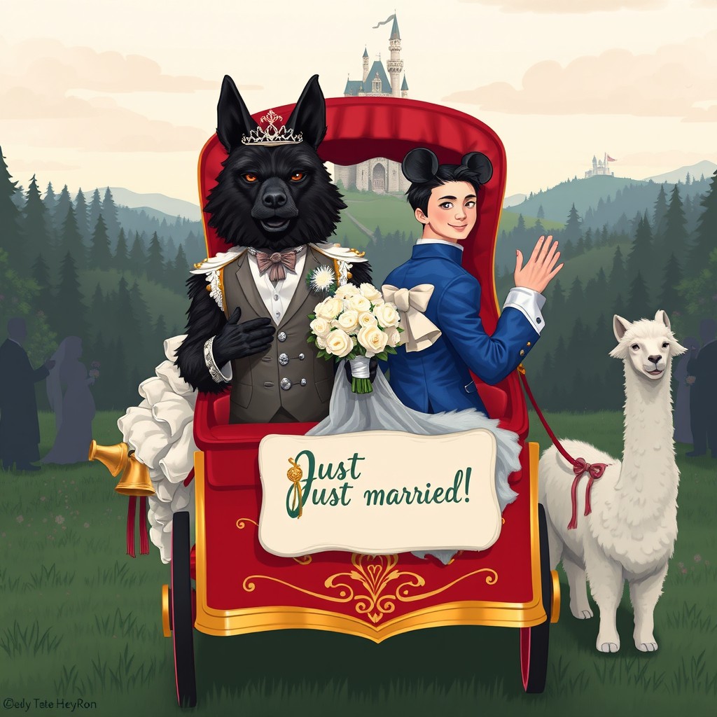 A whimsical wedding scene featuring an unusual couple of grooms