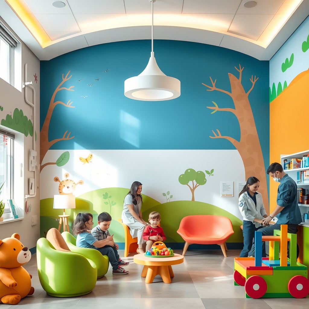 A pediatric clinic interior, featuring a colorful and inviting waiting area designed for children