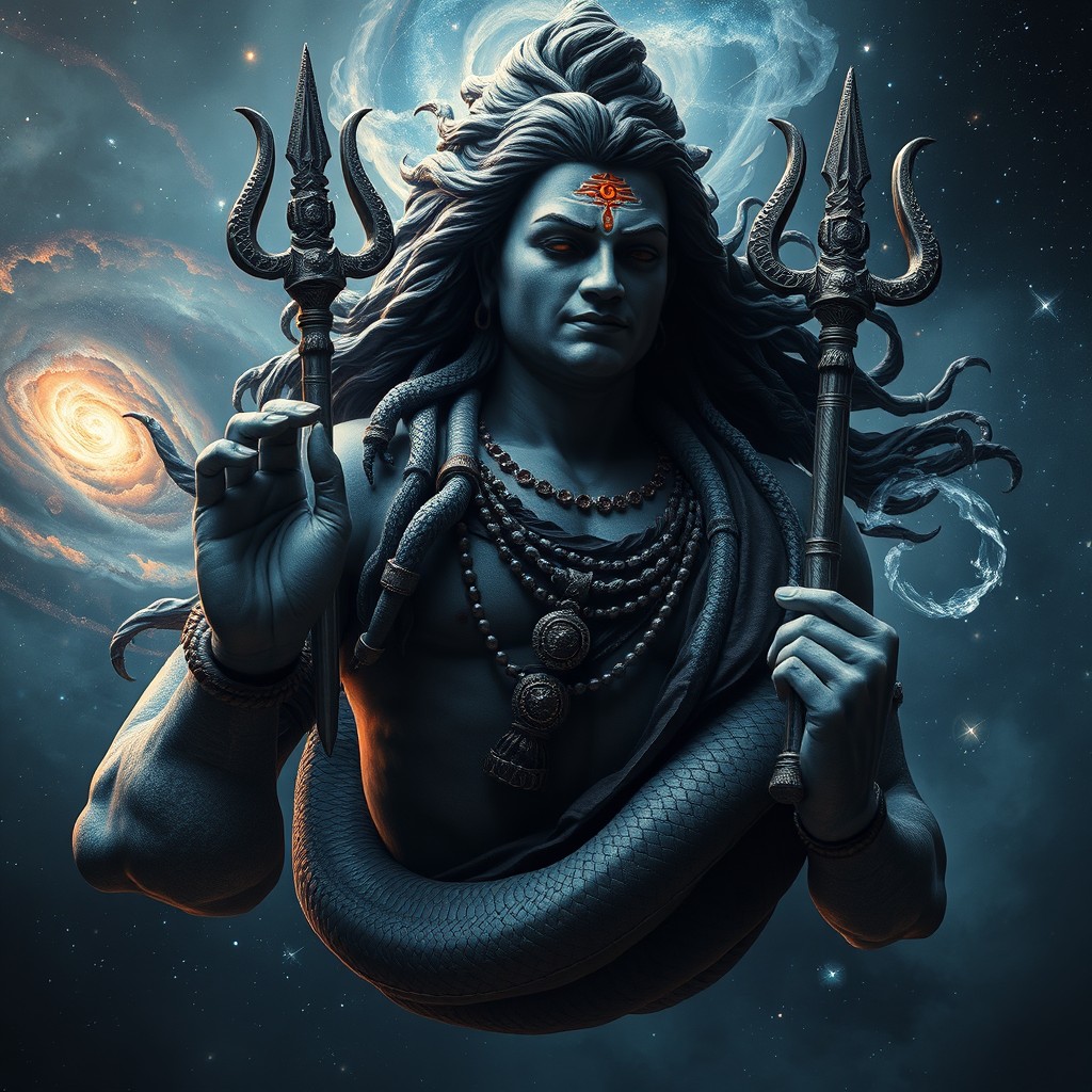 A hyper-realistic depiction of Lord Shiva as a cosmic colossus, his immense form floating in the depths of space, surrounded by swirling galaxies that appear minuscule in comparison