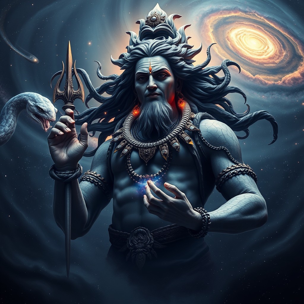 A hyper-realistic depiction of Lord Shiva as a cosmic colossus, his immense form floating in the depths of space, surrounded by swirling galaxies that appear minuscule in comparison