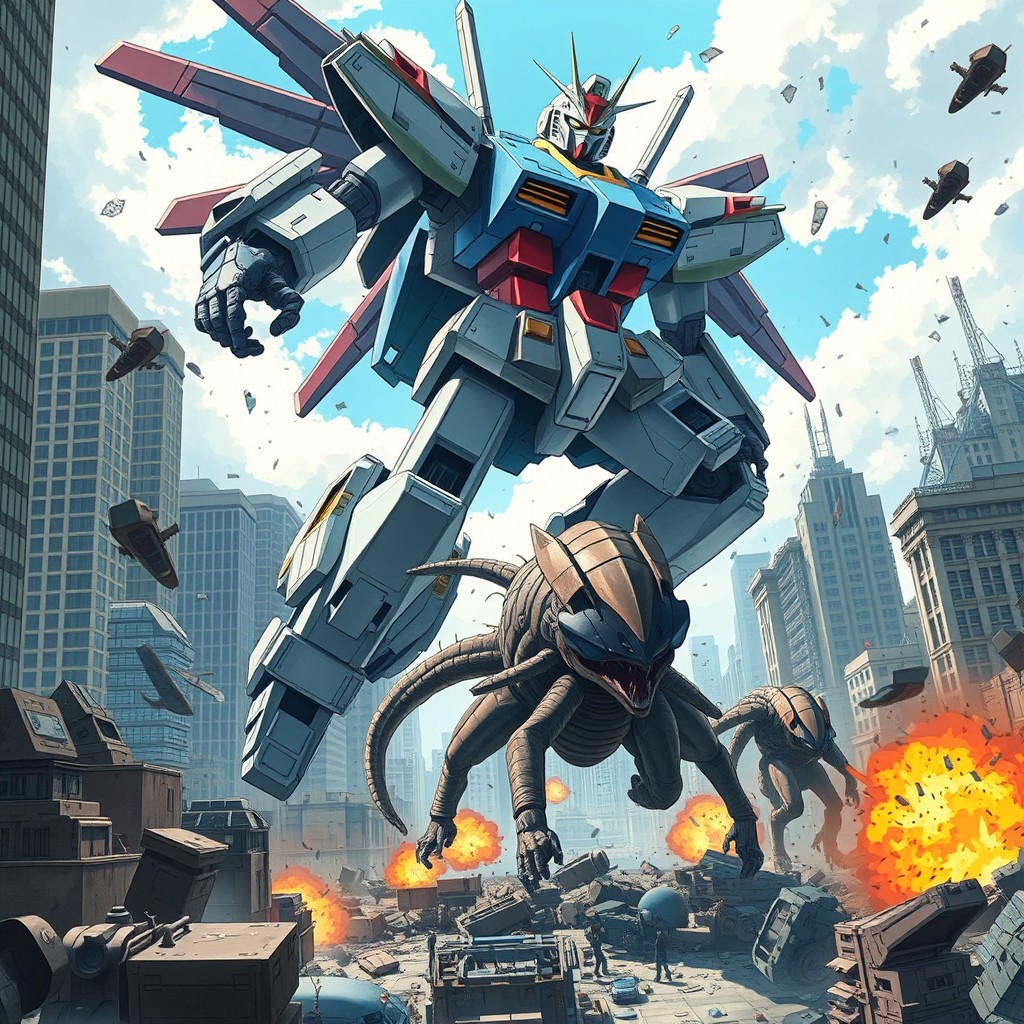 A vibrant, detailed scene depicting a live-action portrayal of an intense mecha battle inspired by the anime 'Kenzen Robo Daimidaler'