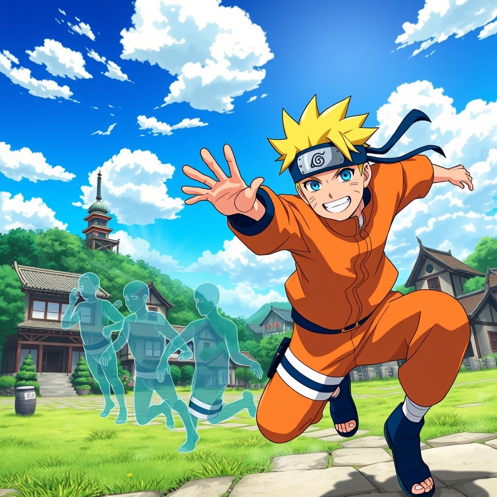 A vibrant scene featuring Naruto Uzumaki, the energetic and determined ninja from the popular anime series