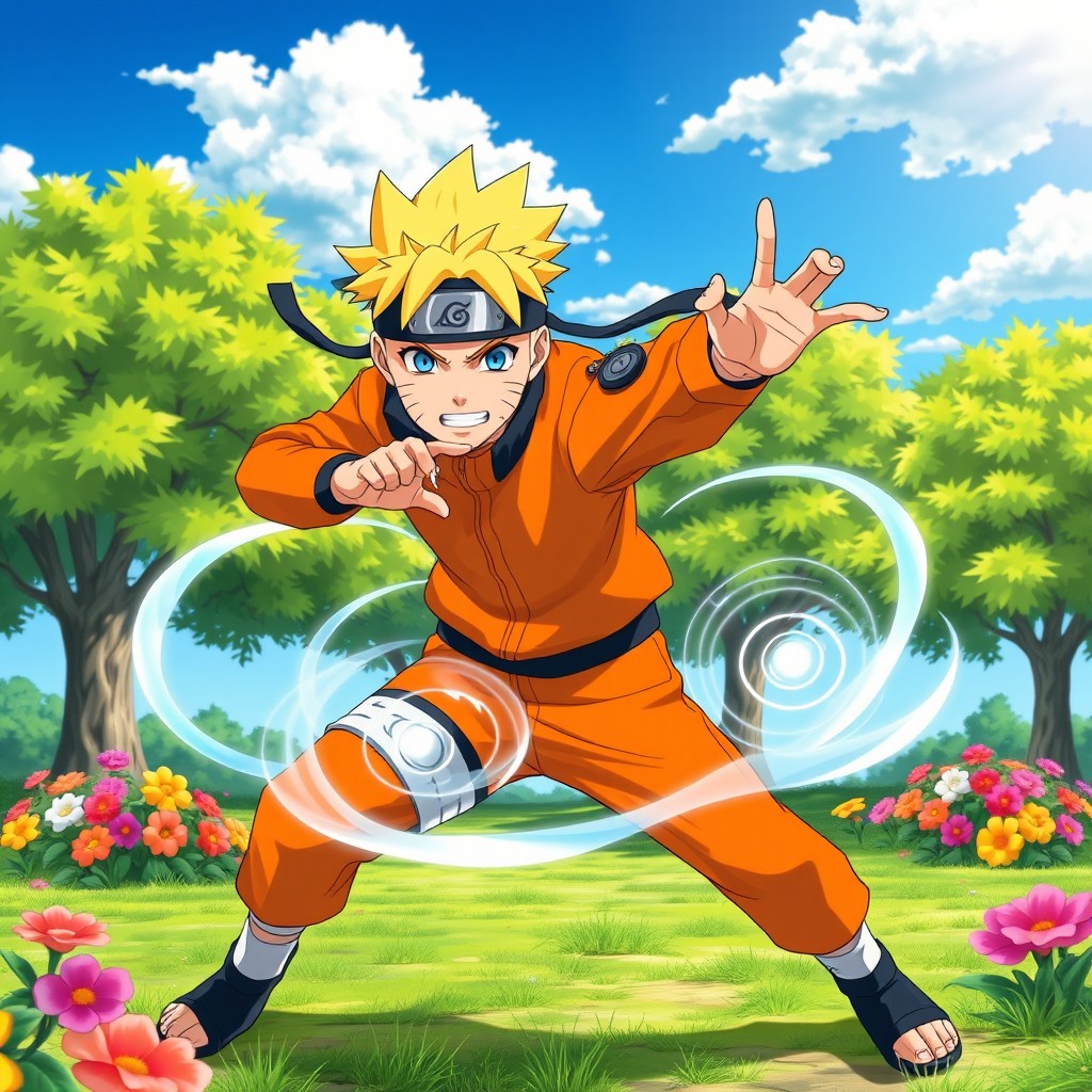 A vibrant anime scene featuring the iconic character Naruto Uzumaki, portrayed in his signature orange jumpsuit, with spiky blonde hair and blue eyes