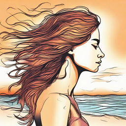 Craft a detailed drawing of a side-profile woman on a beach during sunset, her hair styled as flames being gently stirred by the wind.