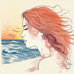 Design a detailed drawing of a side-profile woman at a beach during sunset. Her hair appears as if made from vibrant, flickering flames.