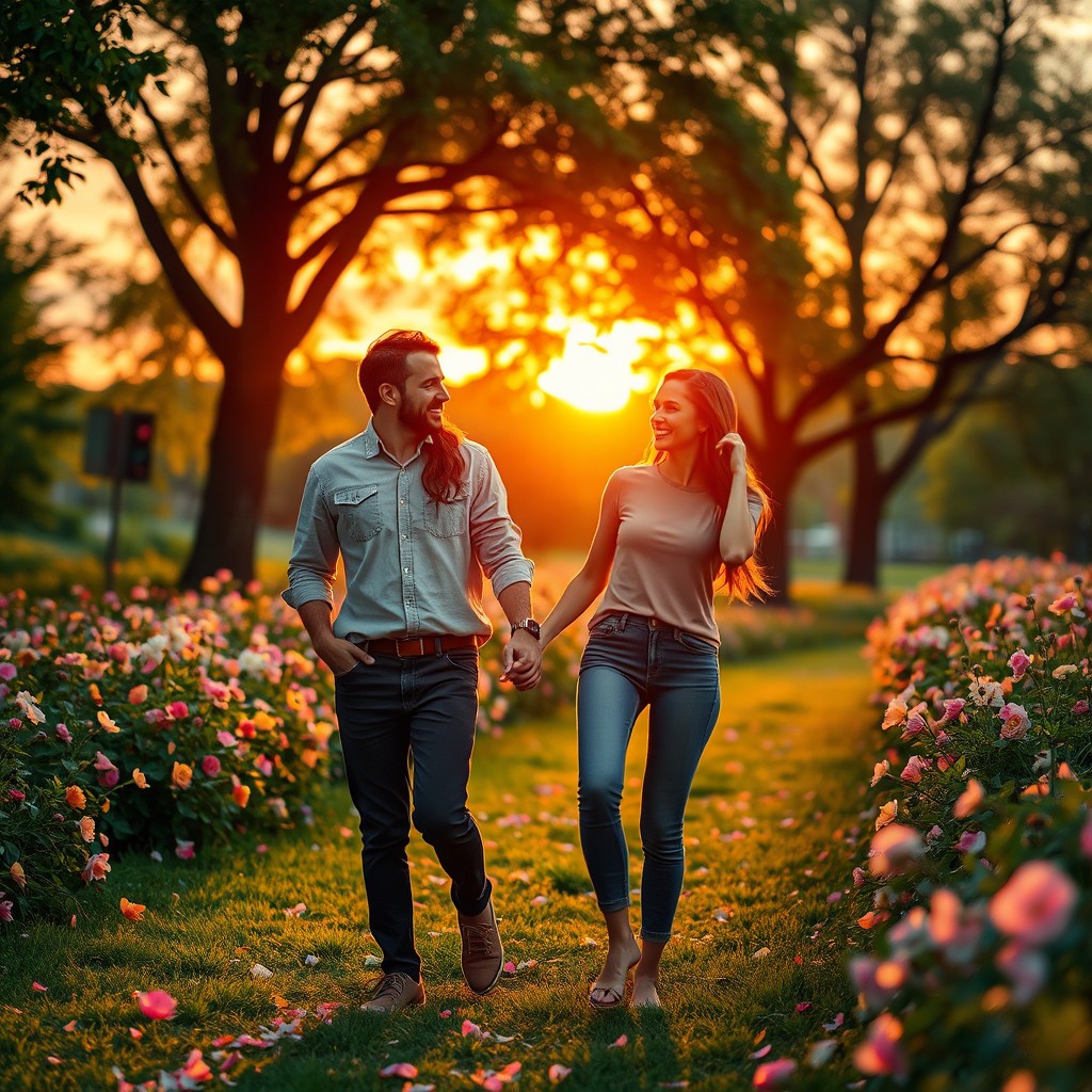 A romantic scene featuring a loving couple holding hands while walking through a picturesque sunset landscape