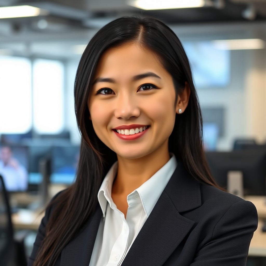 A professional headshot of an Asian woman in a tech business setting, showcasing confidence and expertise