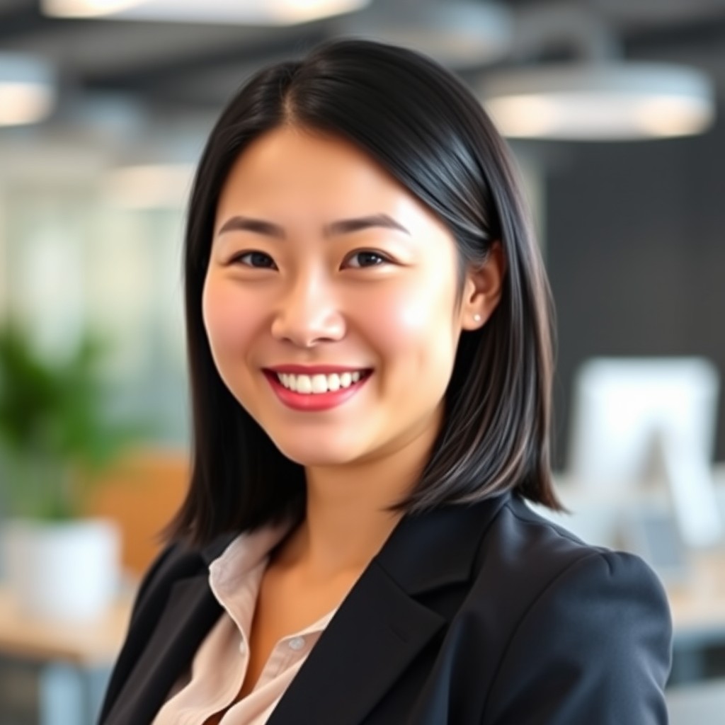 A professional headshot of an Asian woman wearing a sleek blazer and a light blouse, smiling confidently