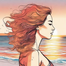 Design a detailed drawing of a side-profile woman at a beach during sunset. Her hair appears as if made from vibrant, flickering flames.