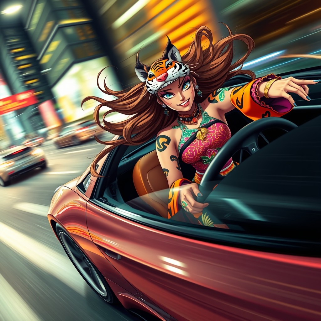 A dynamic scene of a powerful female tiger dancer driving a sporty car at high speed