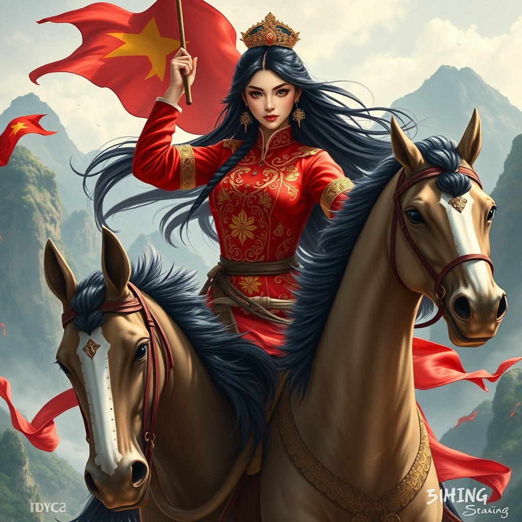 A stunning and powerful depiction of Hai Bà Trưng, the legendary Vietnamese warrior queens