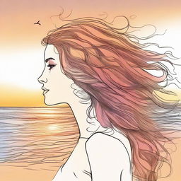 Design a detailed drawing of a side-profile woman at a beach during sunset. Her hair appears as if made from vibrant, flickering flames.