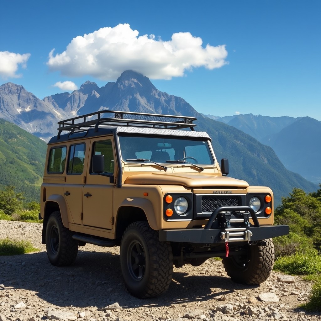 A rugged all-terrain vehicle, featuring a snorkel, in a striking khaki color, set against a breathtaking mountain backdrop