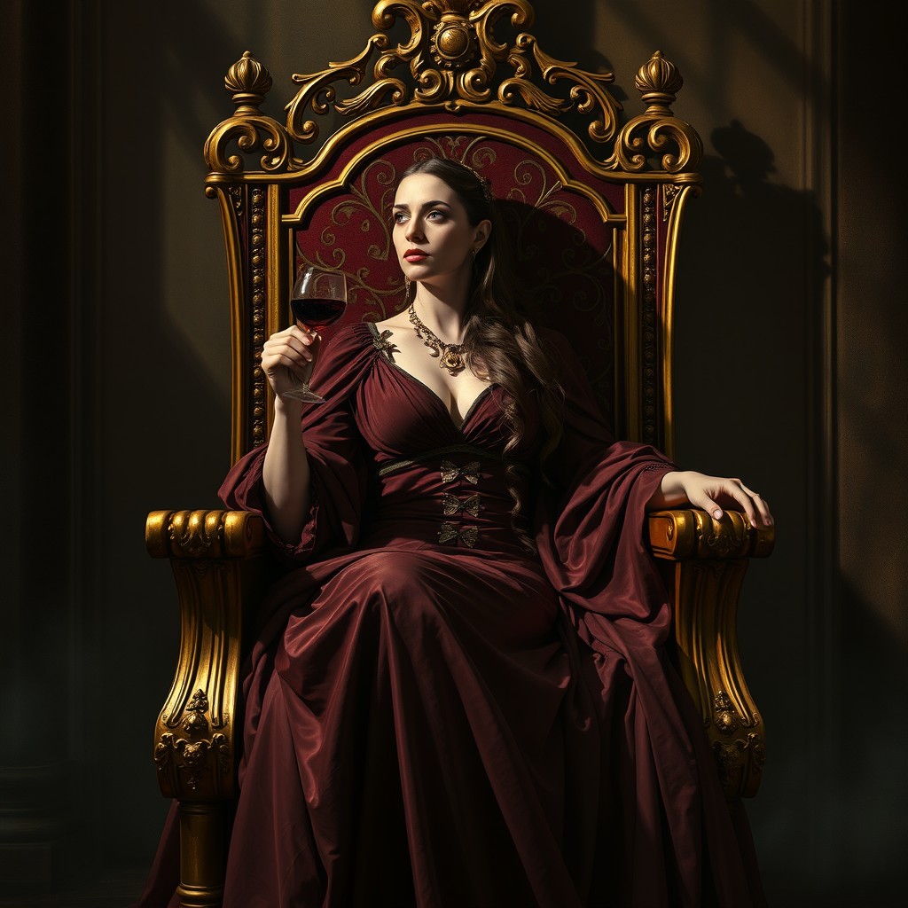 Alonely Clitemnestra seated on an ornate throne, her expression contemplative and regal, holding a glass of red wine in one hand