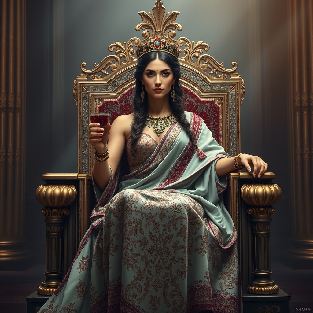 Aesthetic depiction of Clytemnestra sitting alone on a grand throne, elegantly adorned in ancient Greek attire, with intricate patterns and rich colors