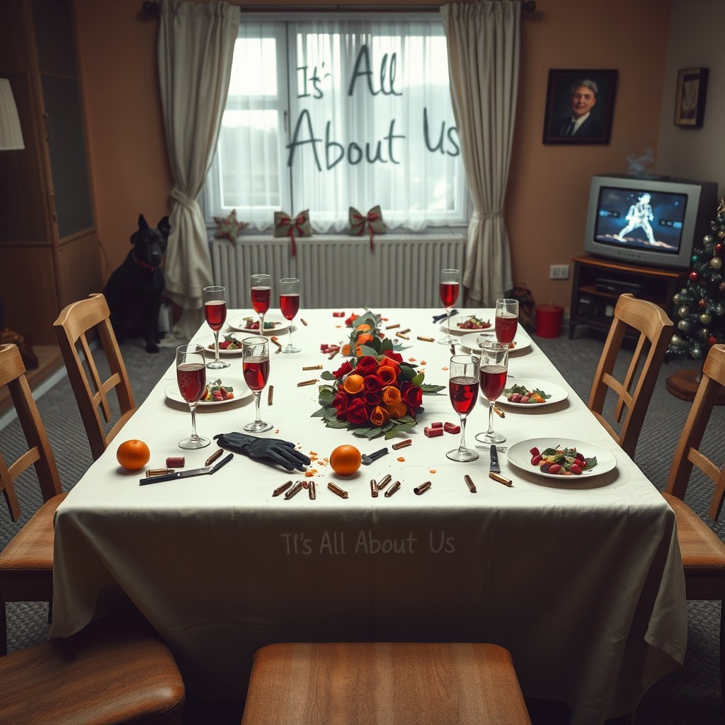 A hyper-realistic or moderately stylized image reminiscent of an old faded photograph, depicting a festive table setting at human height perspective to create a sense of presence