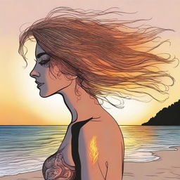 Design a detailed drawing of a side-profile woman at a beach during sunset. Her hair appears as if made from vibrant, flickering flames.