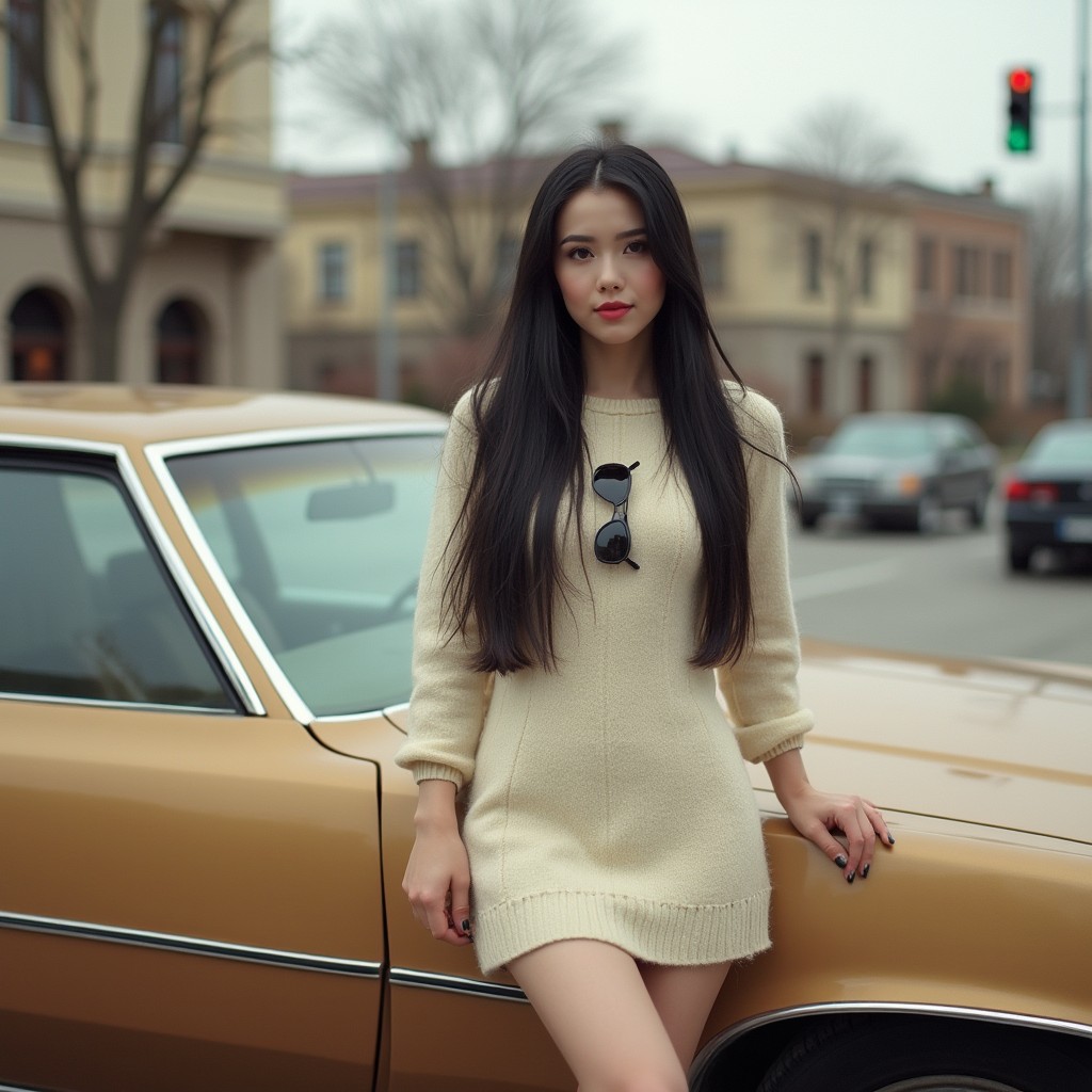 A beautiful Russian woman dressed in a short cream woolen dress is elegantly leaning against a classic 1972 Mercury Marquis four-door sedan, painted in a light brown hue