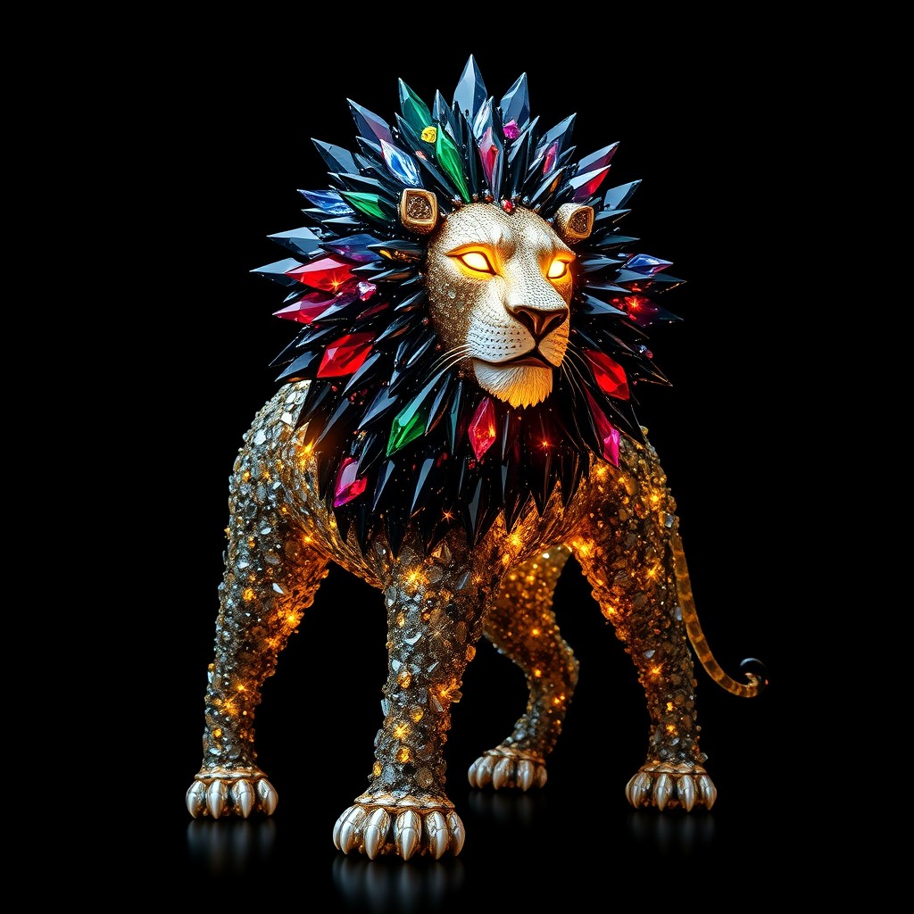 A majestic, otherworldly lion made entirely of shimmering crystals and glowing golden lights, standing proudly against a pitch-black background