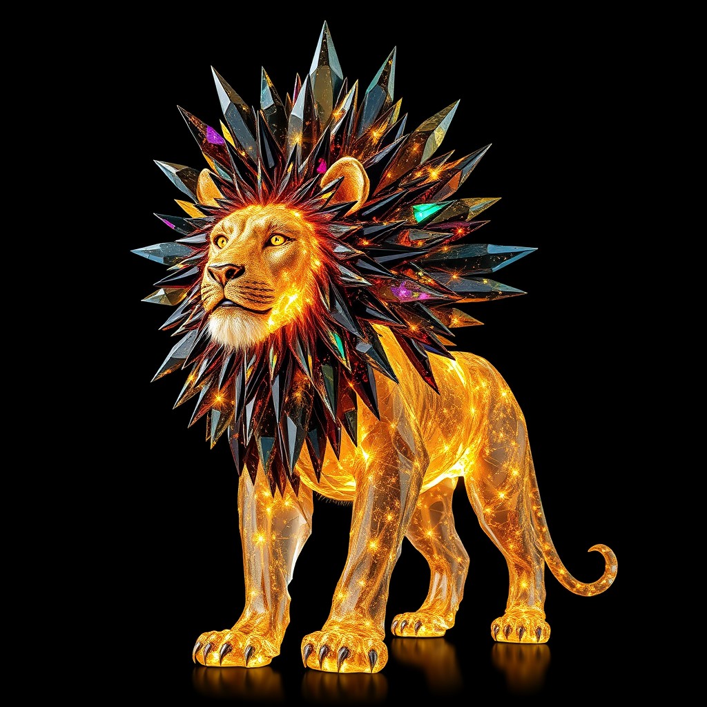 A majestic, otherworldly lion made entirely of shimmering crystals and glowing golden lights, standing proudly against a pitch-black background