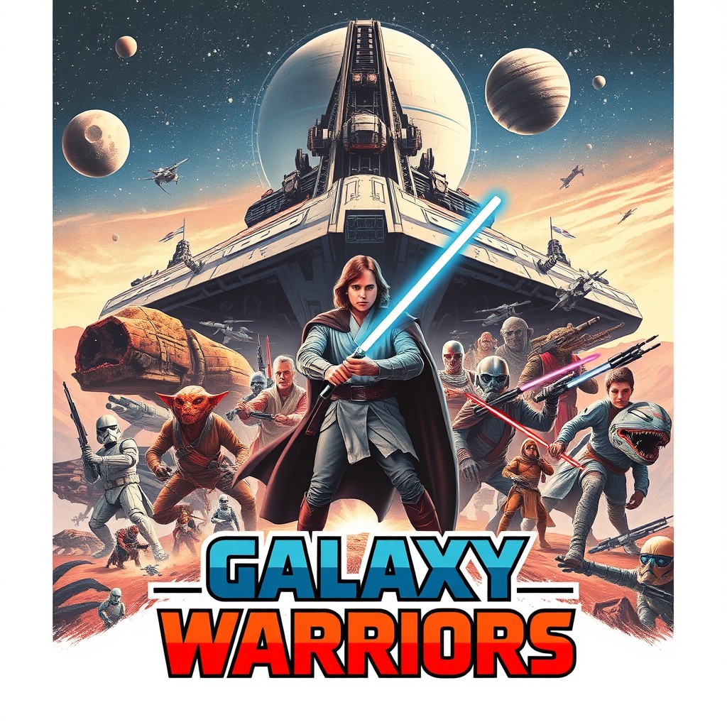 A vintage Star Wars style poster featuring an epic sci-fi battle scene set in a distant galaxy