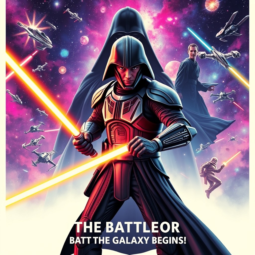 An epic Star Wars style poster featuring a heroic character in the foreground, dressed in a futuristic space armor with intricate designs, wielding a glowing lightsaber