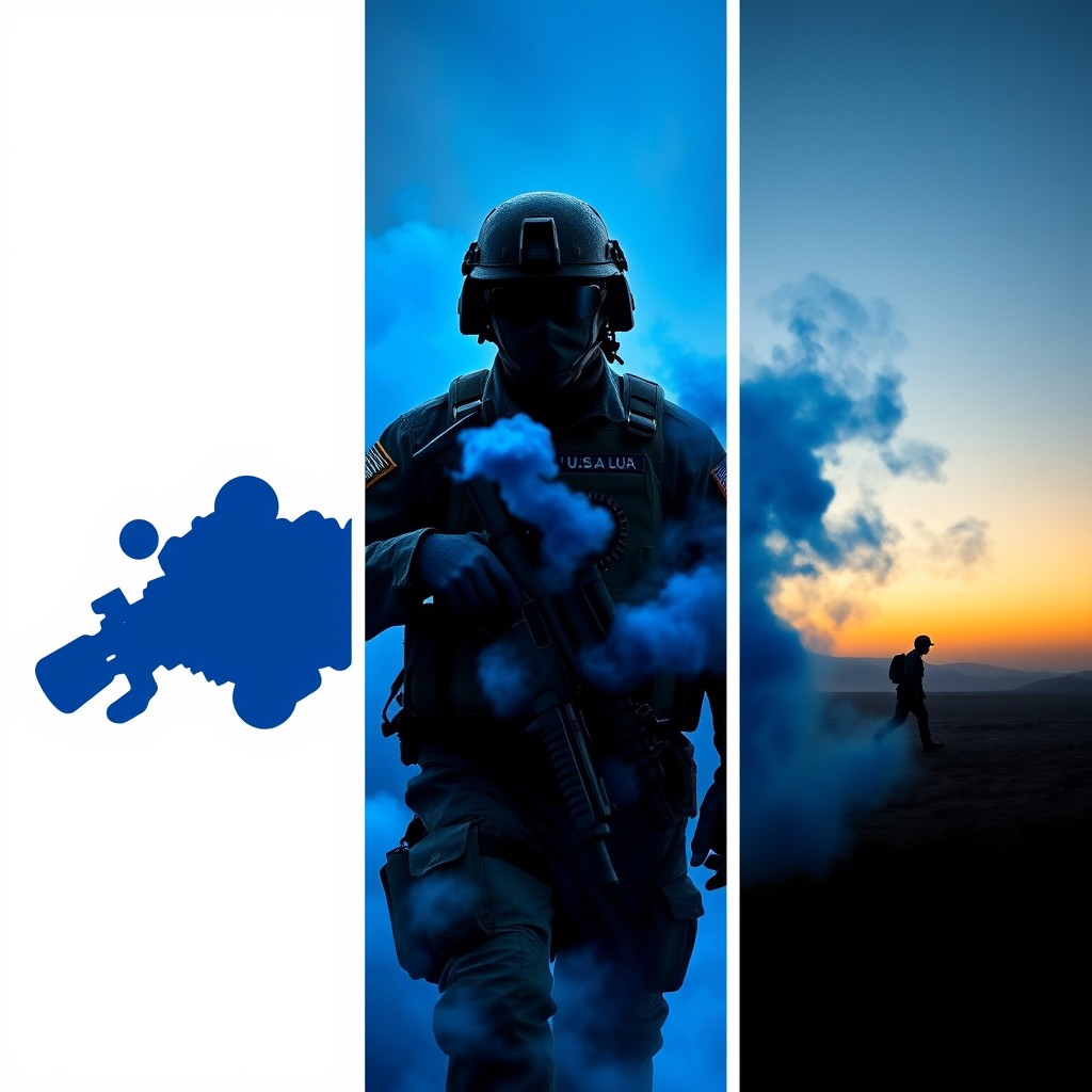 Three military-themed panels: 1