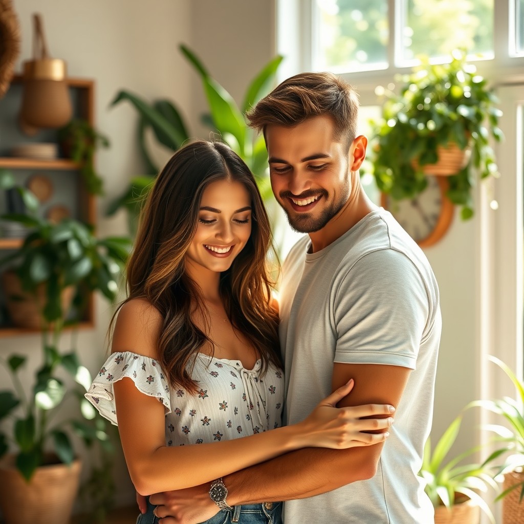 A photograph of a couple tenderly embracing in a cozy interior or natural setting, with summer vibes