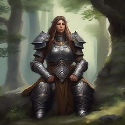 Deep in meditation, a dwarven female kineticist, garbed in her substantial heavy armor, gathers energy from nature itself, forming a serene tableau of elemental harmony and personal tranquility.