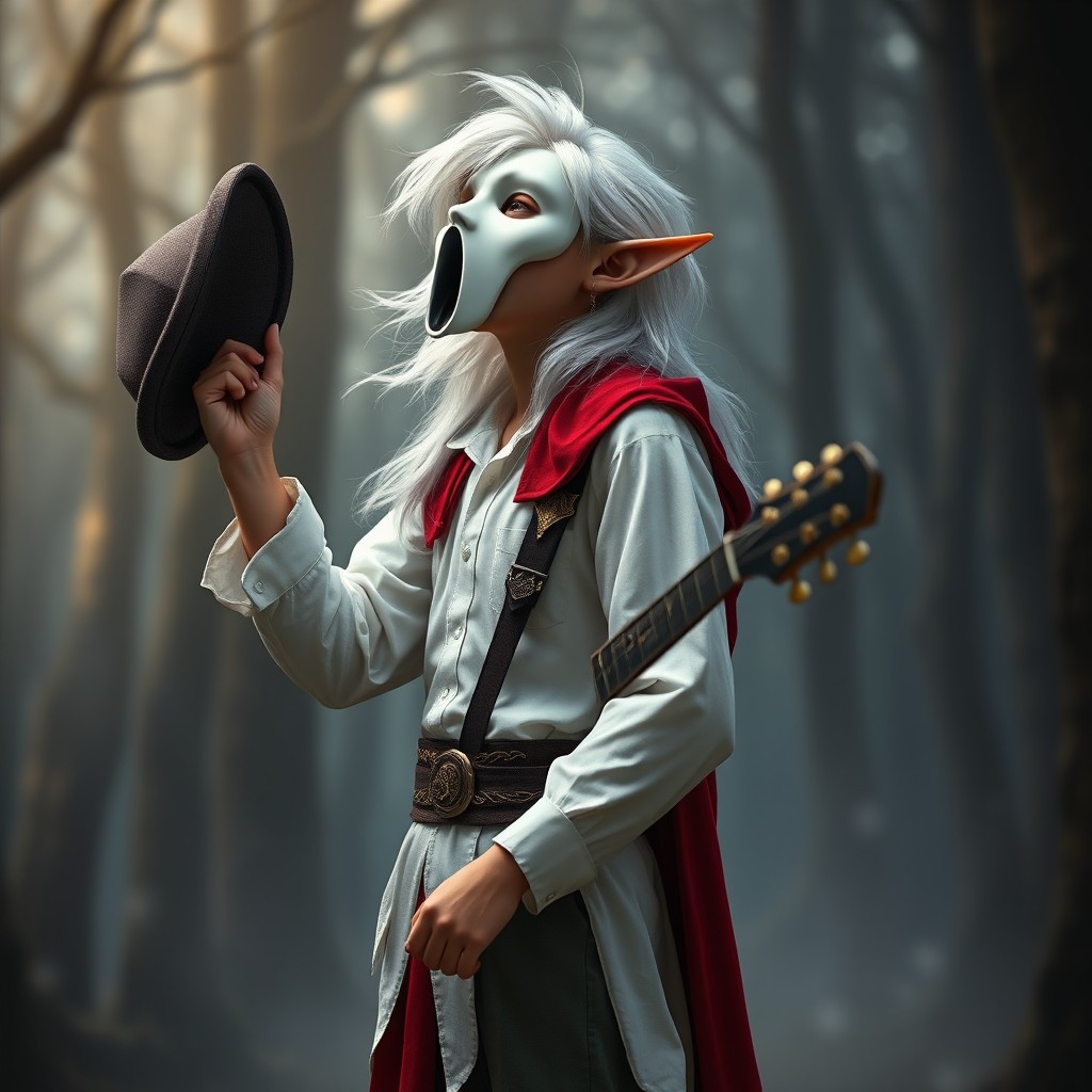 A young elf bard standing in a dramatic pose, howling with a hat in one hand and a guitar slung behind his back