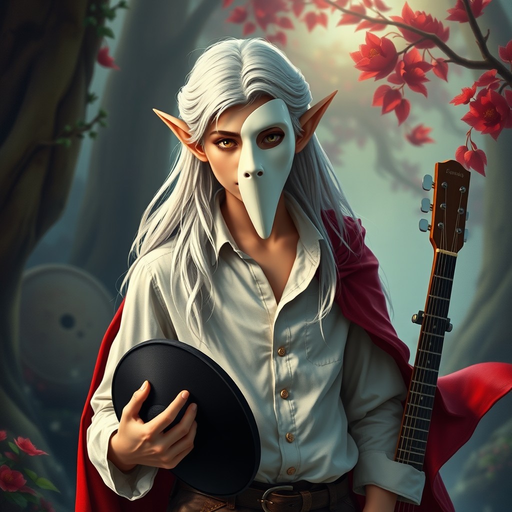 A young elf bard standing confidently, holding a hat in his hand while a guitar rests behind his back
