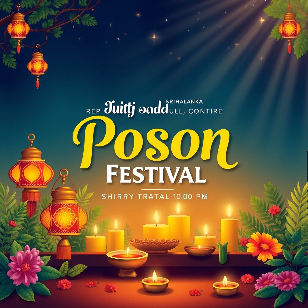 A vibrant and festive poster for the Poson Festival, featuring traditional Sri Lankan elements such as beautifully decorated lanterns, glowing candles, and lush greenery, representing the spirit of the celebration