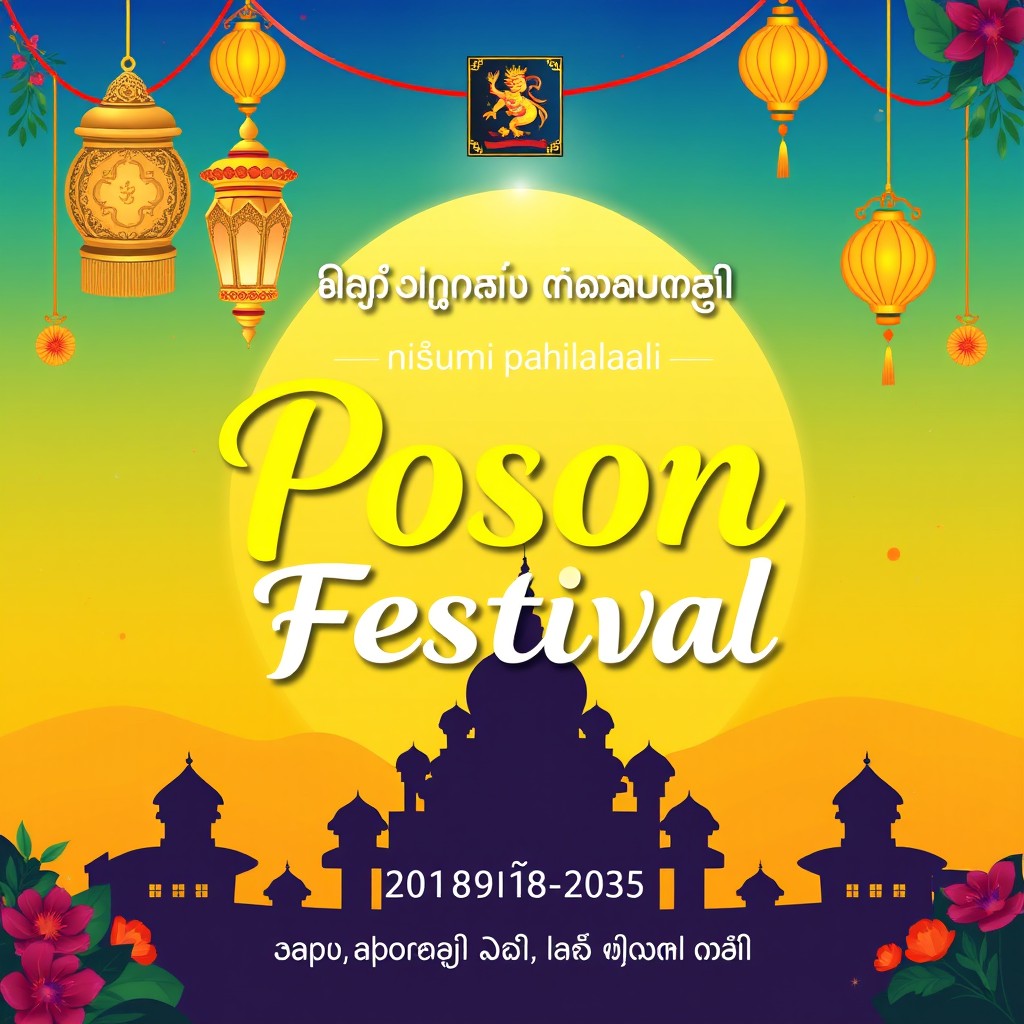 A colorful and engaging poster for the Poson Festival, incorporating traditional Sri Lankan cultural elements like ornate lanterns, floral designs, and a radiant sunset background to evoke a sense of celebration